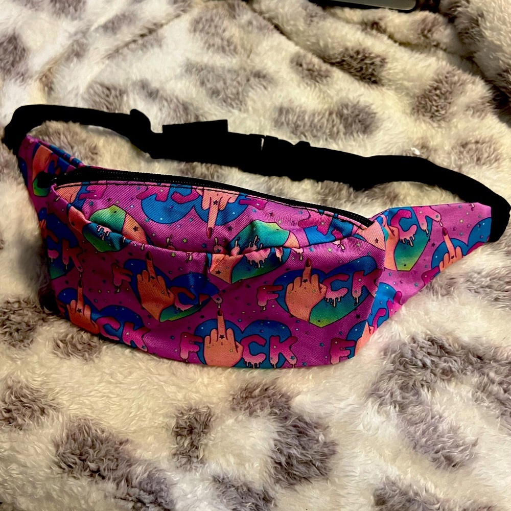 Funny Middle Finger Fanny Pack Unisex Women’s Men’s Size OS Purple and Blue